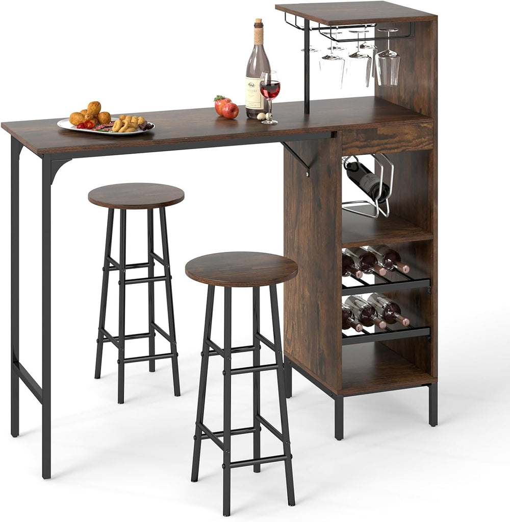 GOFLAME Bar Table Set for 2, Counter Height Dining Table Set with Shelves, Cu...