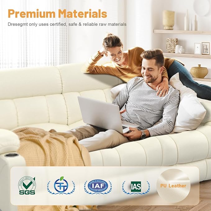 Recliner Sofa with Storage Console, Flip Middle Backrest Design PU Leather 3 Seat Reclining Sofa with Storage Drawer, Manual Couch for Living Room (Ivory, 3 Seater + Console)