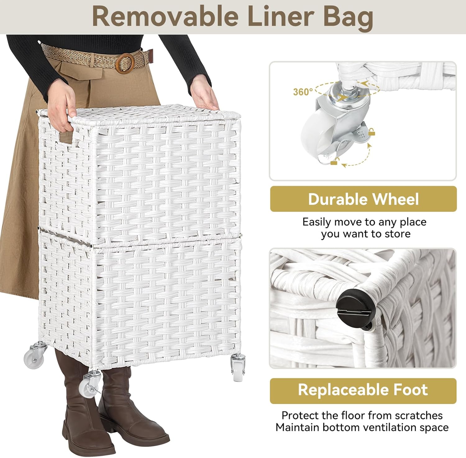 Chrislley 90L Slim Laundry Hamper with Wheels, Rolling Laundry Basket with Lid and Renovable Liner Bag, Handwoven Rattan Organizer for bedroom, bathroom, laundry room (White)