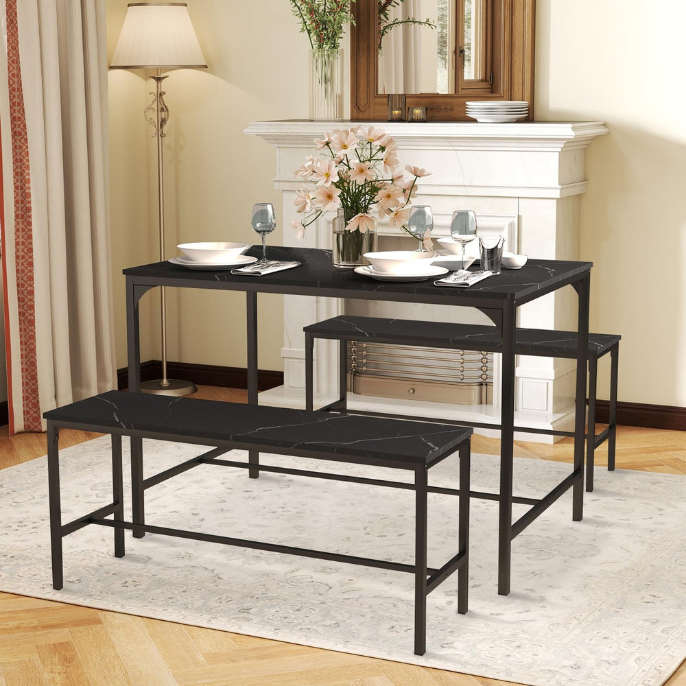 Dining Table Set with 2 Dining Benches, 3 Piece Dining Room Table Set with Me...