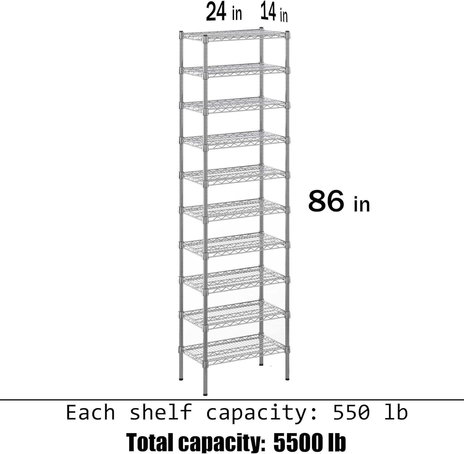 14" Deep x 24" Wide x 86" Height Wire Shelving Kit | 10-Tier | NSF Commercial Storage Rack Unit