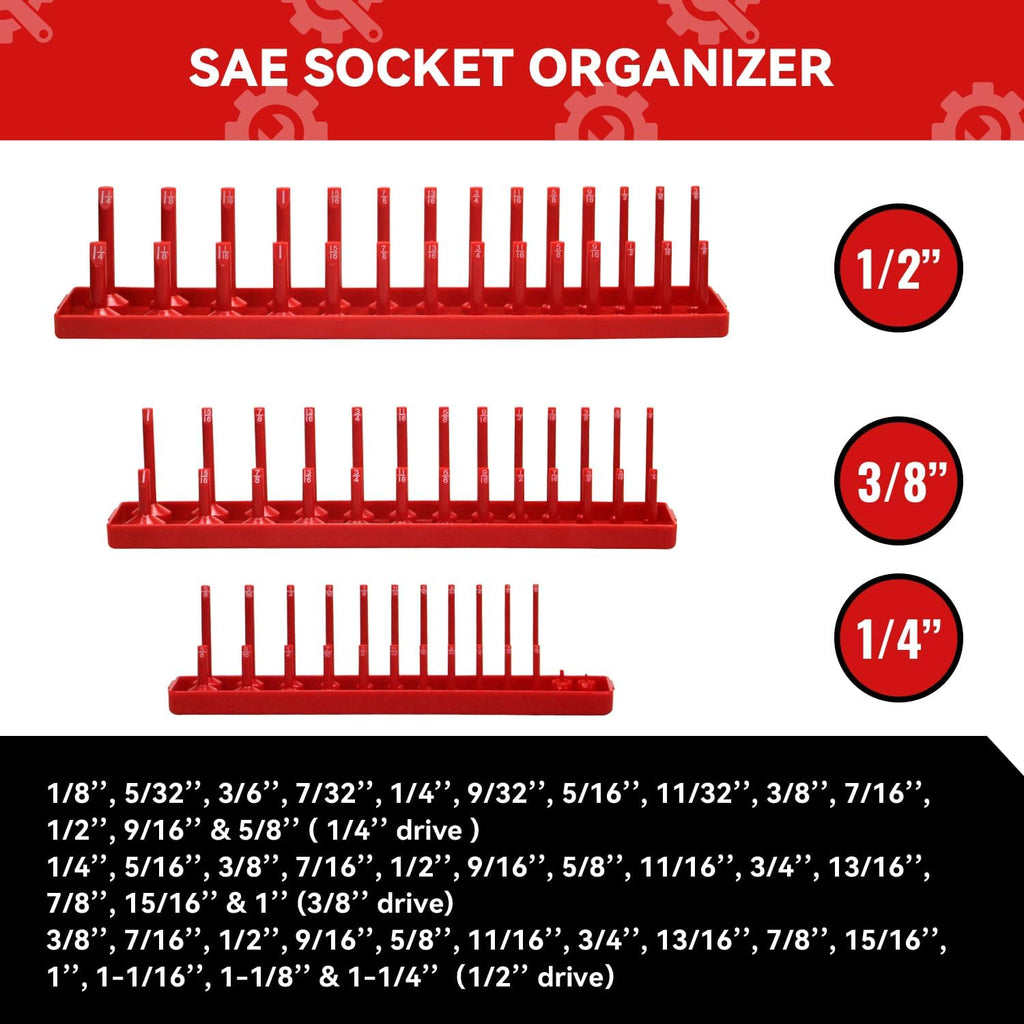 3PCS Socket Organizer Tray Set, SAE Socket Storage Trays, 1/4-Inch, 3/8-Inch & 1/2-Inch Drive Deep and Shallow Socket Holders for Toolboxes