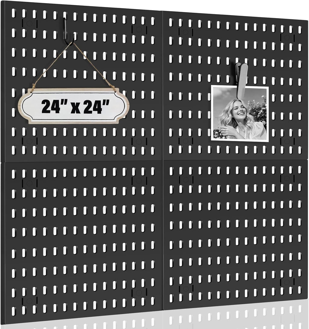 AKTOP Peg Board Wall Organizer 4-Pack – 12"x12" Black Pegboard Panels for Walls, Plastic Desk Wall Mount Tool Organization for Home, Office, Garage Tool Storage & Craft Room