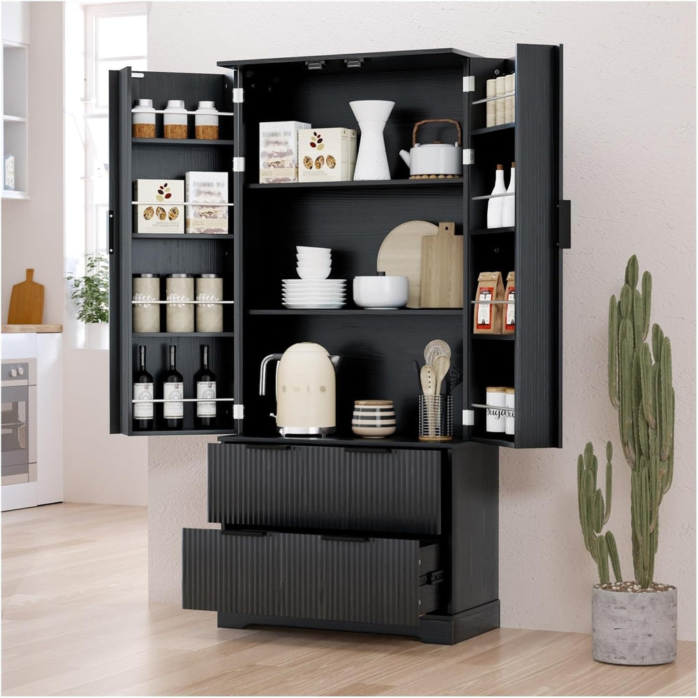 72" Modern Fluted Kitchen Pantry Cabinet with 2 Large Drawers & 8-Do...