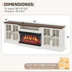 98" Farmhouse TV Stand with 36" Fireplace for Living Room,Media Entertainment Center with Adjustable Shelves and Large Storage Cabinets, White TV Stand for TVs up to 100", White