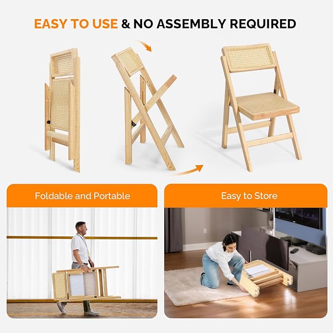 VINGLI 2 Pack Rattan Wooden Folding Chair, Dining Folding Chair with 360° Swivel Backrest, Sturdy Rubberwood Frame and Rattan Woven Seat and Back, Natural Color, Set of 2