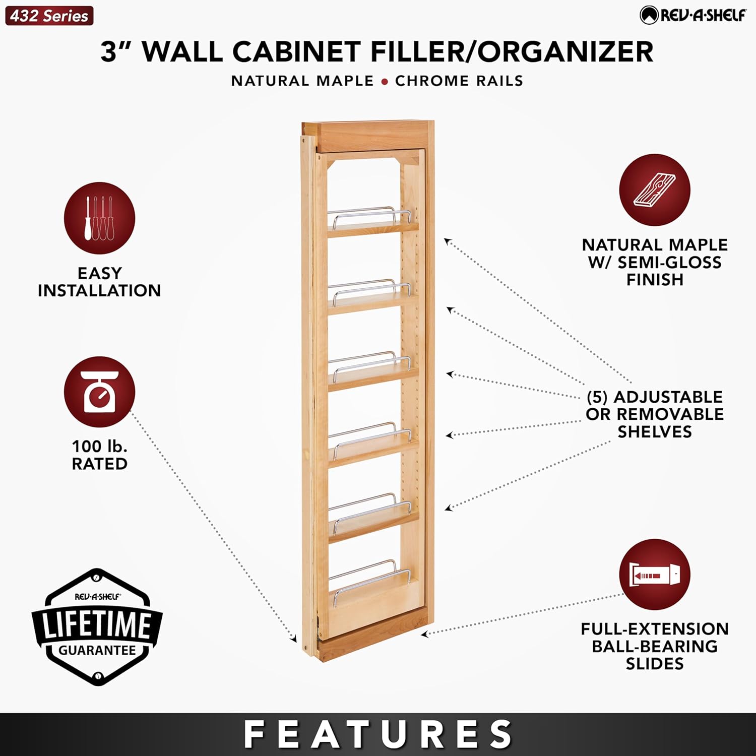 Rev-A-Shelf 3"W x 42"H Pull Out Quad Shelf Organizer for Wall & Base Kitchen Cabinets, Full Extension Filler Spice Rack, Adjustable, Wood, 432-WF42-3C