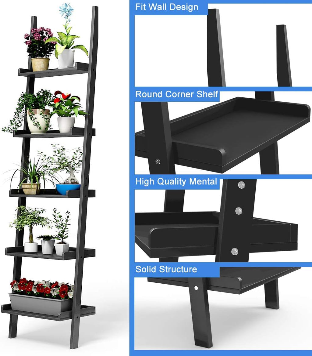 Tangkula Ladder Shelf, 5-Tier Multifunctional Modern Wood Plant Flower Book Display Shelf, Home Office Storage Rack Leaning Ladder Wall Shelf (Black, 1)