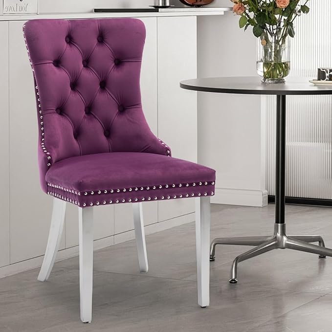 Velvet Upholstered Dining Chairs Set of 2, Modern Kitchen Side Chairs with Nailhead Trim and Silver Plated Leg, Metal Pulling Ring for Dining Room Living Room(Purple-Silver Plated Leg)