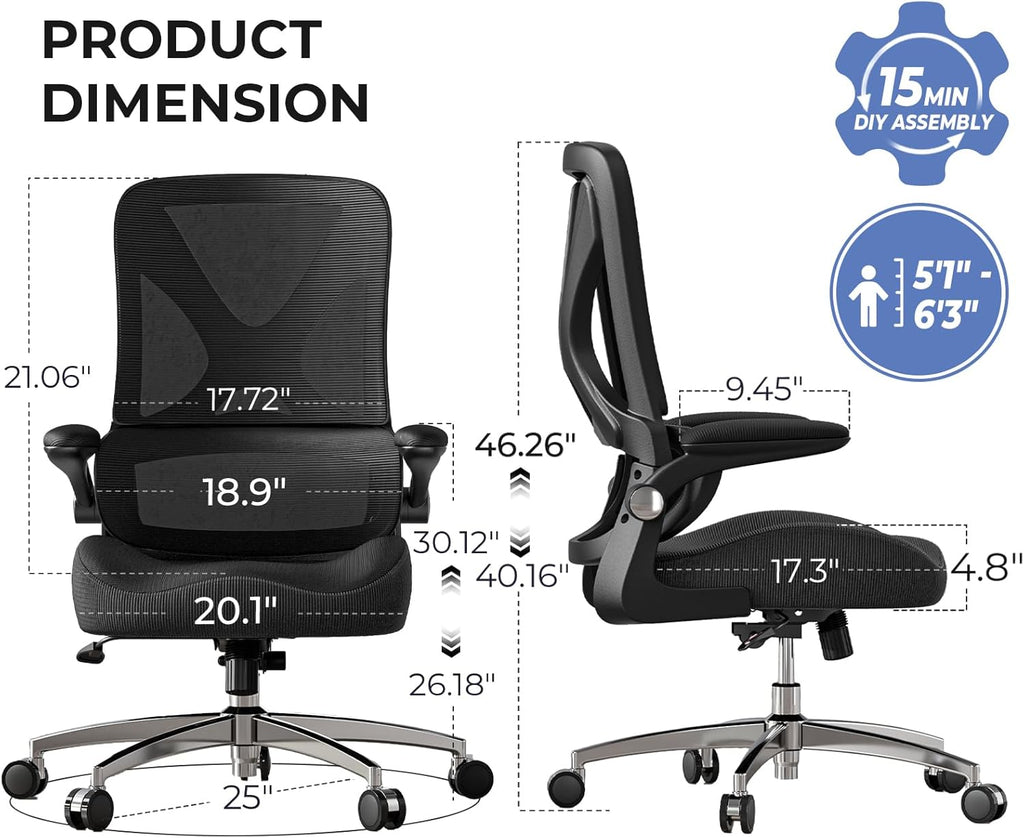 Ergonomic Chair - 350lbs Capacity for Big & Tall with 4.8" Thickened Seat Cushion, Sacral Lumbar Support and Flip-Up Arms for Home Office