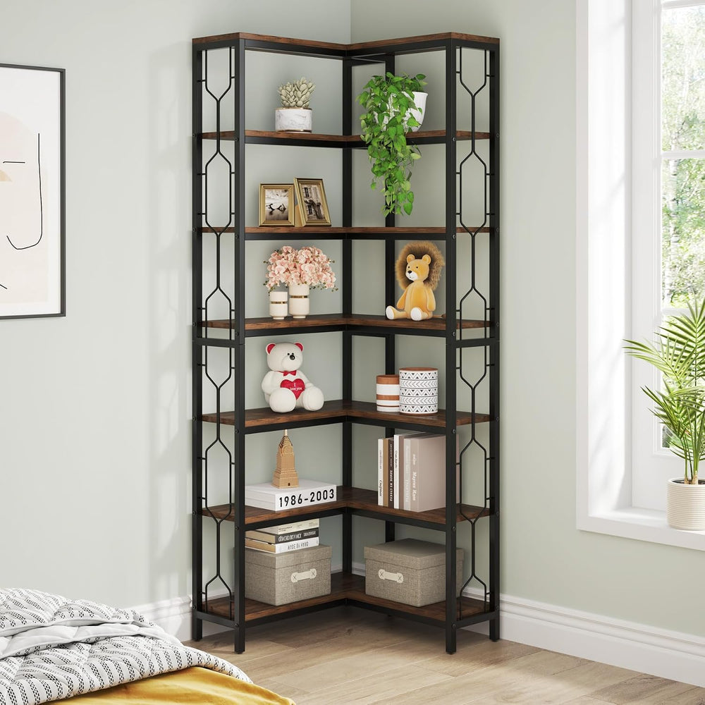 Tribesigns Corner Shelf, 7-Tier Industrial Corner Bookshelf and Bookcase | Fr...