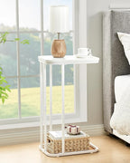 C Shaped End Table, 27 Inches High Small Side Table for Sofa and Bed, Couch Table That Slides Under, Tall Tv Tray Table for Living Room, Bedroom, Metal Frame, Snow White
