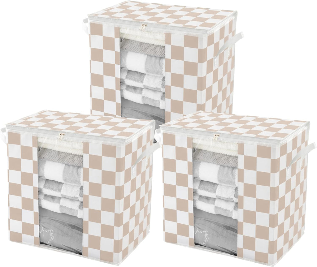 Beige Checkered Clothes Storage Bins, 100L Large Blanket Storage Bags 3 Pack, Closet Organizers and Storage Containers for Comforters, Bedding, Foldable Organizer with Handle