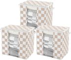 Beige Checkered Clothes Storage Bins, 100L Large Blanket Storage Bags 3 Pack, Closet Organizers and Storage Containers for Comforters, Bedding, Foldable Organizer with Handle
