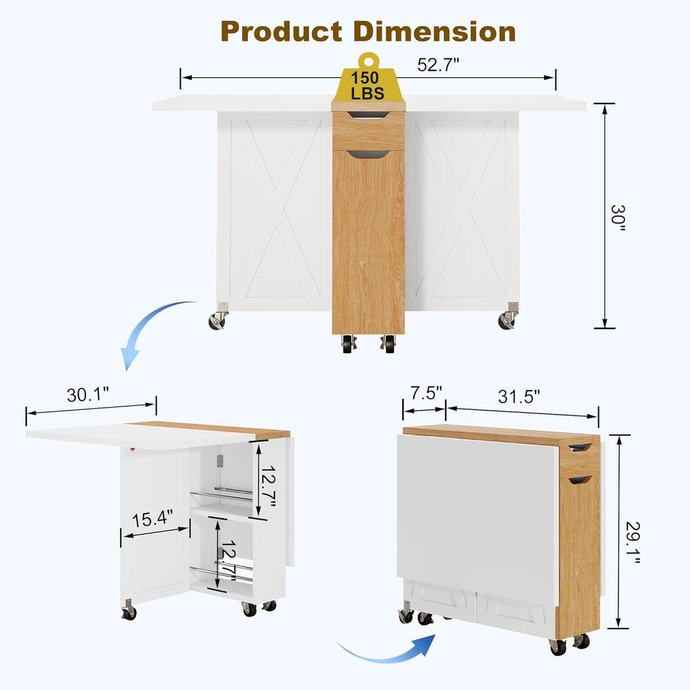 Folding Dining Table with 6 Wheels, Drop Leaf Tables for Small Spaces, Foldab...