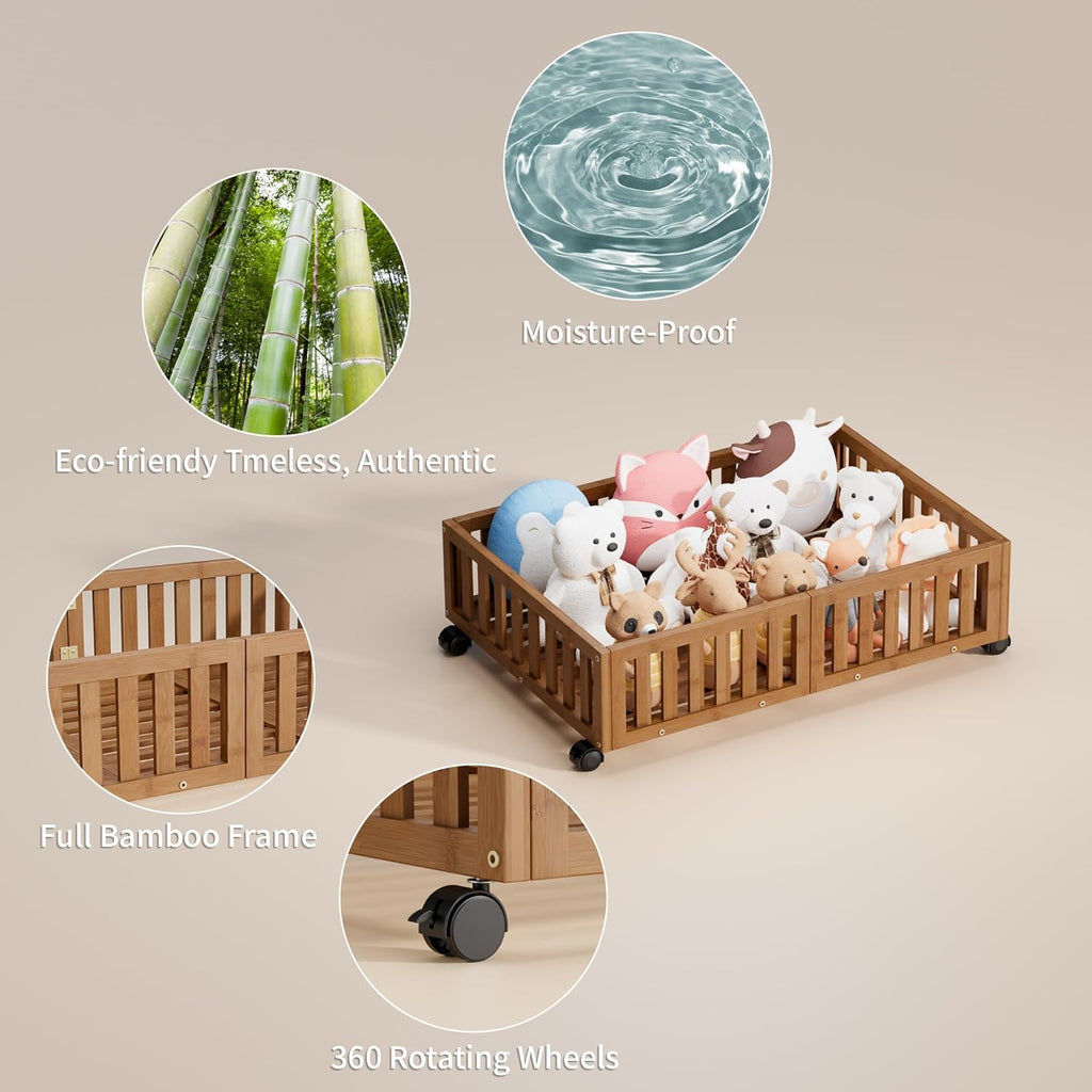 Bamboo Under Bed Storage with Wheels,Rolling Underbed Shoe Organizer Box for Shoes,Blankets,Toys,Clothes Container Space-Saving Bins for Bedroom,Closet,Dorm,Nursery
