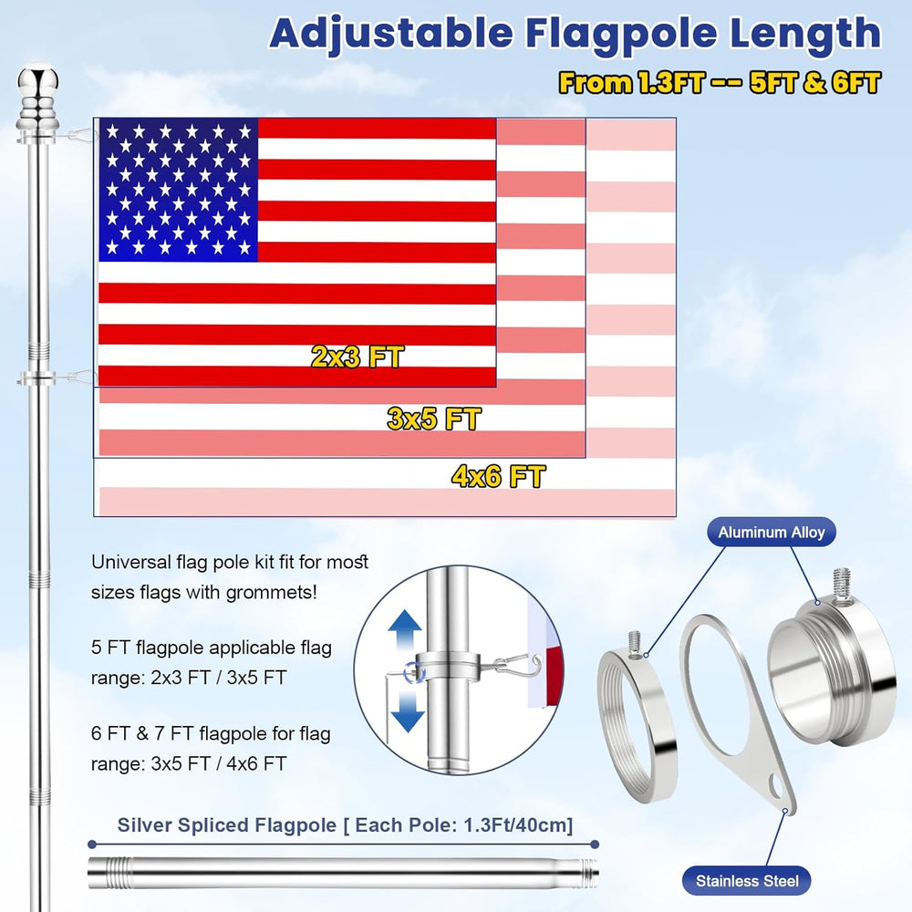 American Flag with Flag Pole Kit for Outside House, 6 Ft Metal Flagpole Kit &...