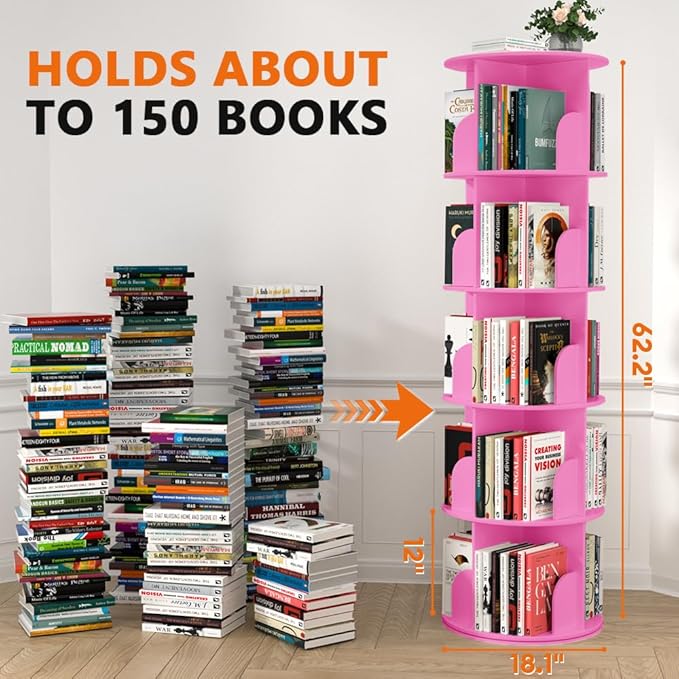 Nidouillet Rotating Bookshelf Tower, 5 Tier Spinning Bookcase Lazy Susan, Revolving 360 Book Shelf Storage Round Organizer, Vertical Rotate Turning Corner Book Case for Small Space, Pink