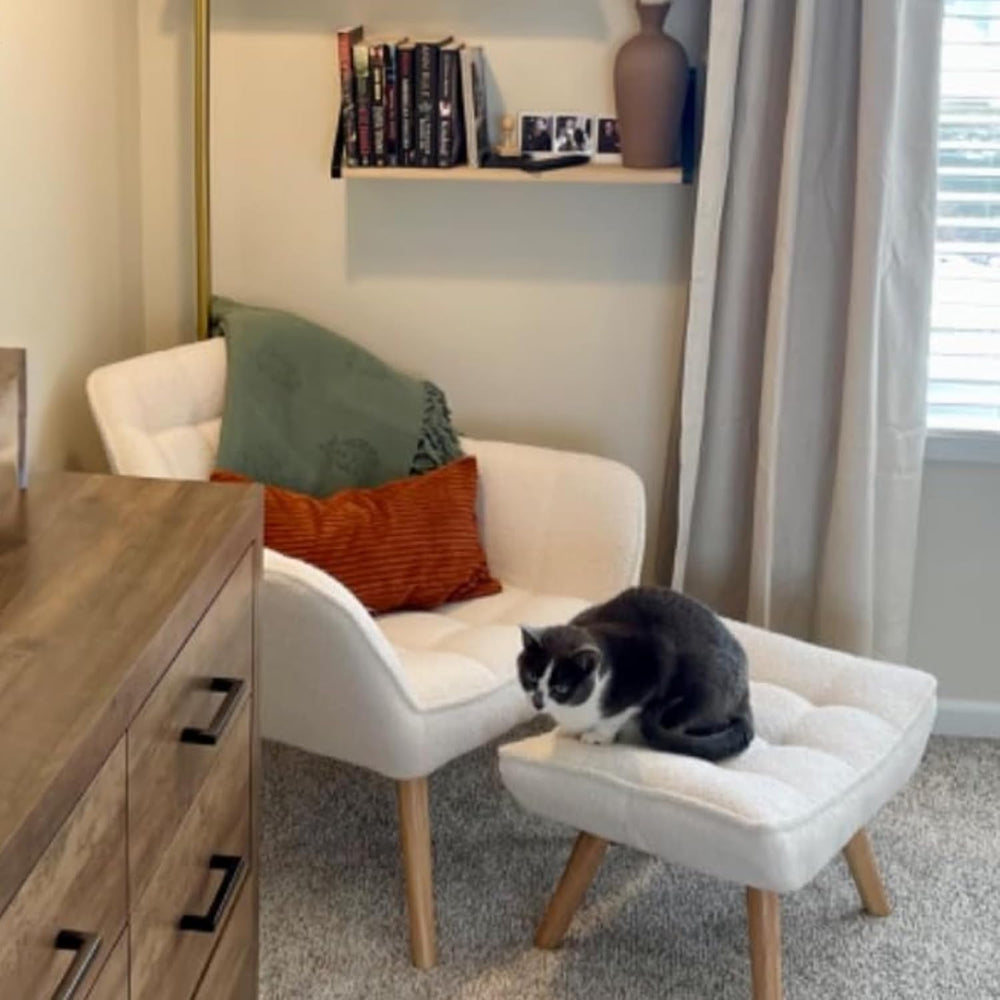 White Sherpa Accent Chair with Ottoman ，Modern Reading Chairs with Ottoman Se...