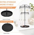 iDavosic.ly 2 Tier Rotating Necklace Organizer with Jewelry Tray, Adjustable Metal Necklace Holder with 42 Hooks, Extra Tall Bracelet Keychain Spinning Display Stand Tree Tower for Women, Black