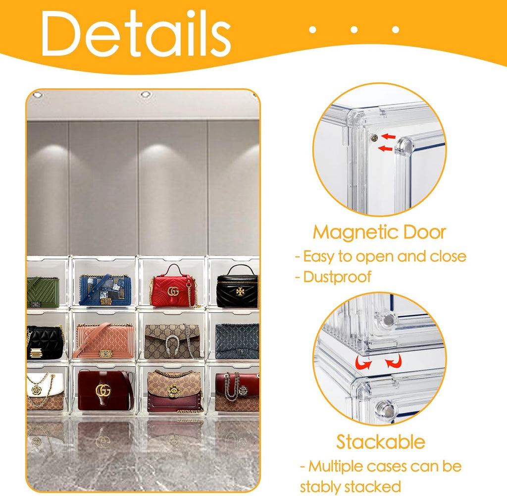 6Pack Purse Organizer for Closet Clear Acrylic Display Case Handbag Storage Organizer Box with Magnetic Door Stackable Storage Bins with Dustproof Lid for Book Toys Shoes Cosmetic Collectibles