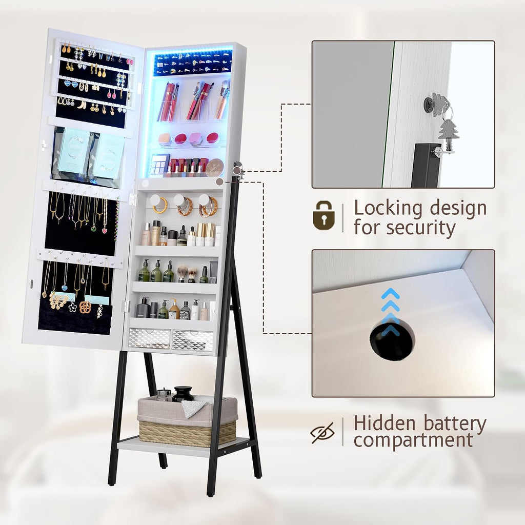 LVSOMT 3 LEDs Mirror Jewelry Cabinet, 60.4" Jewelry Mirror Full Length, Standing Lockable Jewelry Armoire Organizer, Floor Mirror with Storage for Jewelry Cosmetics, White
