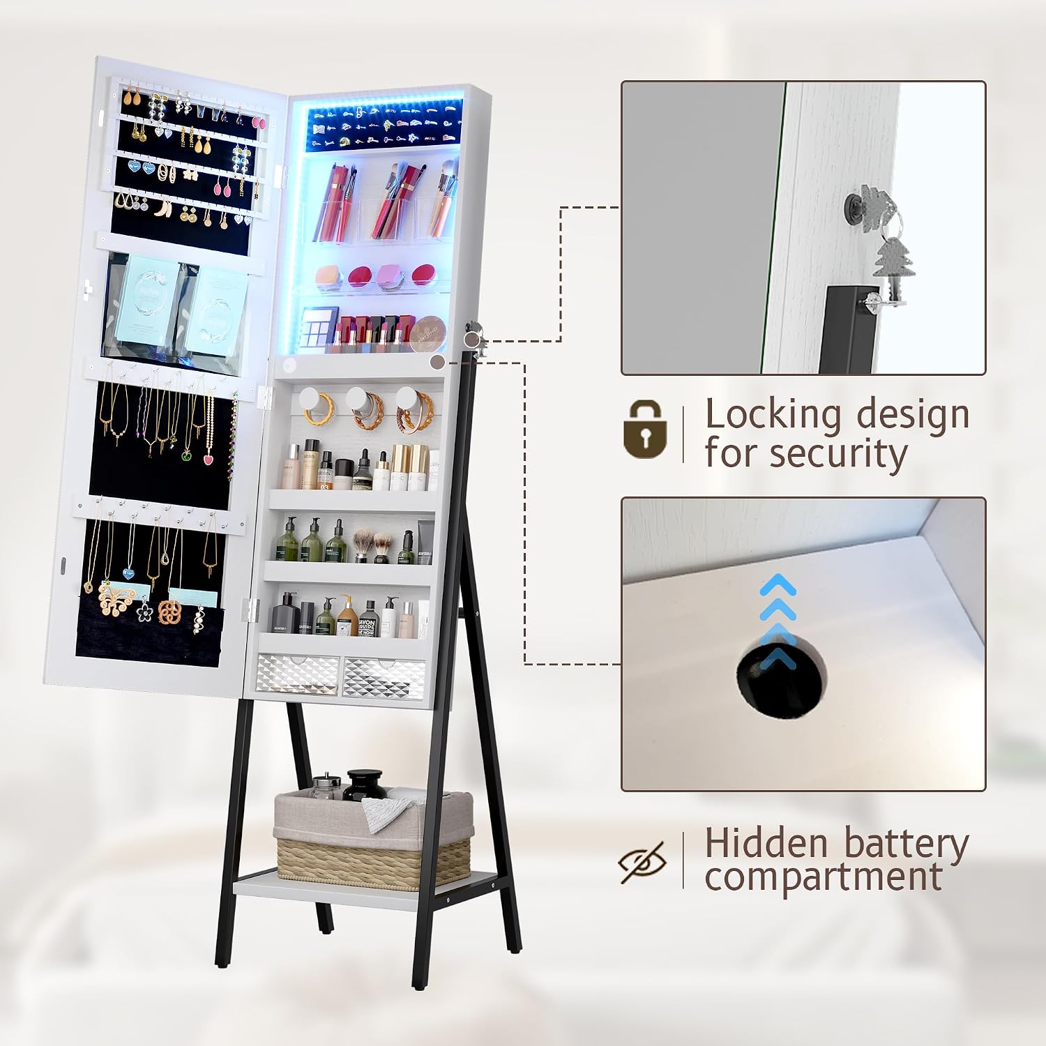 LVSOMT 3 LEDs Mirror Jewelry Cabinet, 60.4" Jewelry Mirror Full Length, Standing Lockable Jewelry Armoire Organizer, Floor Mirror with Storage for Jewelry Cosmetics, White