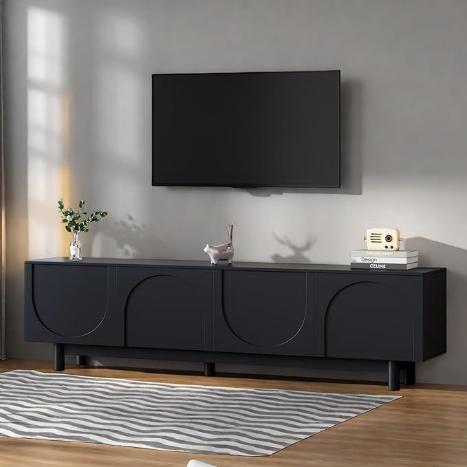 Merax 78" Modern TV Stand with Arch Cabinets, Solid Wood Legs & Adjustable Shelves | Entertainment Center with Cable Management for Living Room, Black