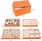 Voova Stackable Jewelry Organizer Tray with Lid, PU Leather Jewelry Storage Holder for Drawer Inserts, Jewellery Display Box Case for Earring Necklace Ring Watch Bracelet (Set of 4, Orange)