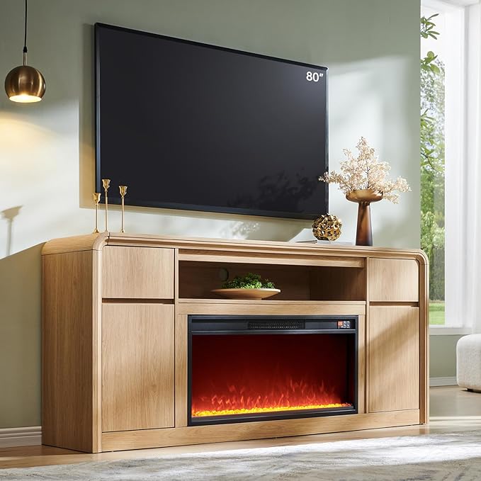 Modern Fireplace TV Stand with 36"LED Electric Fireplace for 80 inch TVs, 32"Tall Entertainment Center w/Drawers &Adjustable Shelves, Wood Media Console w/Curved Profile Design for Living Room,Natural