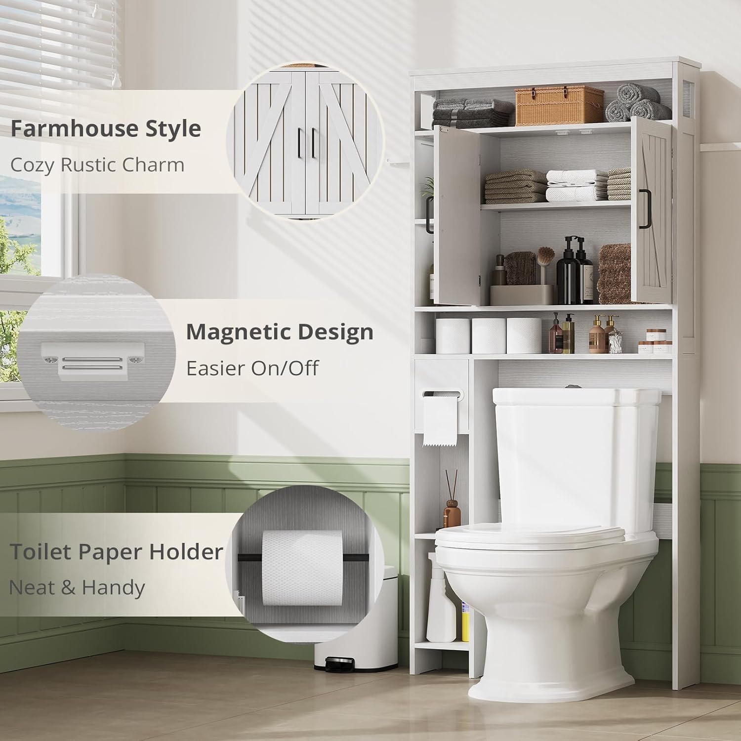 Over The Toilet Storage Cabinet with 6 Shelves, Farmhouse Bathroom Storage Cabinet with 2 Barn Door & Toilet Paper Holder Stand, Toilet Shelf with Adjustable Shelf for Bathroom Laundry