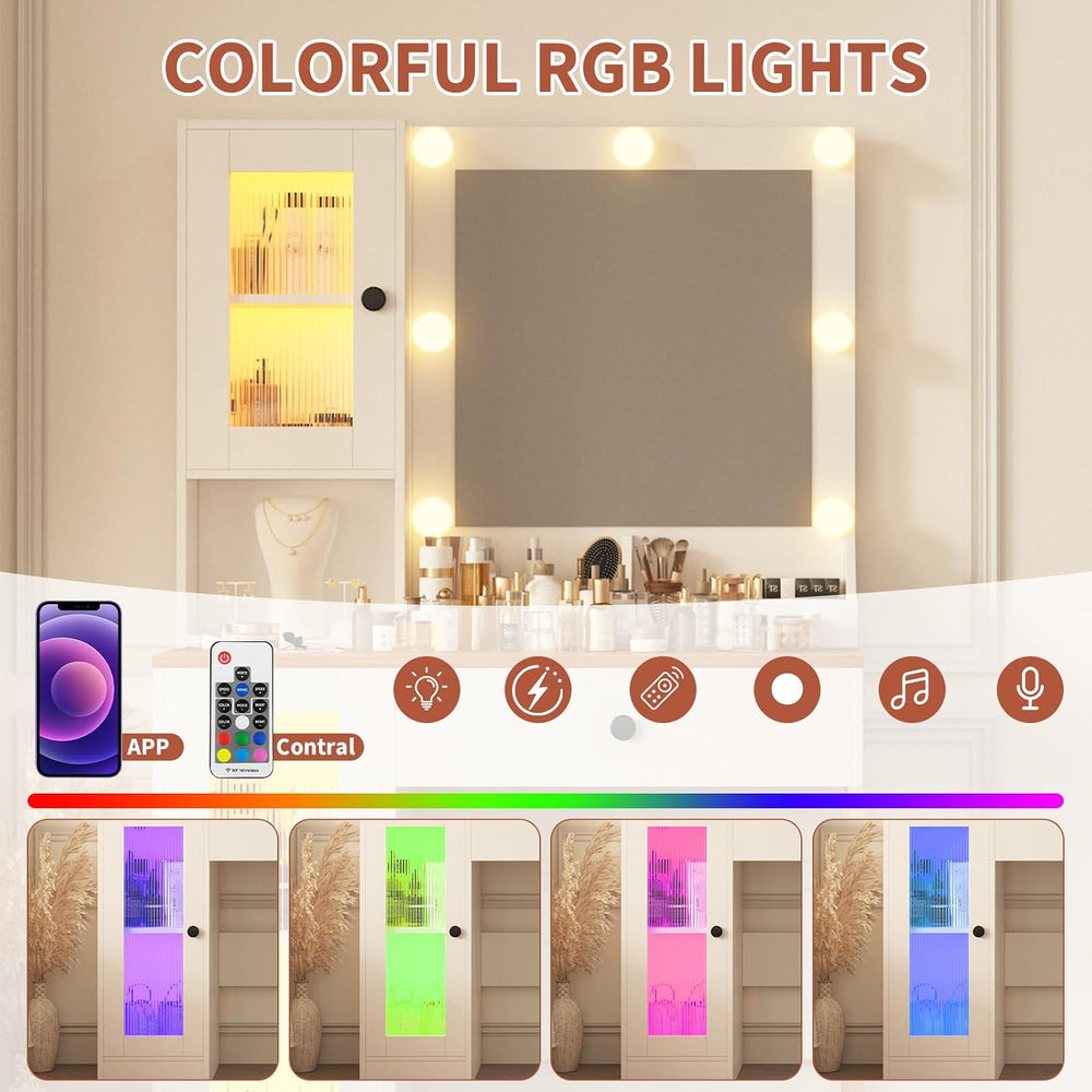 IDEALHOUSE Makeup Vanity Desk with Mirror and Lights, Vanity Table with Charg...