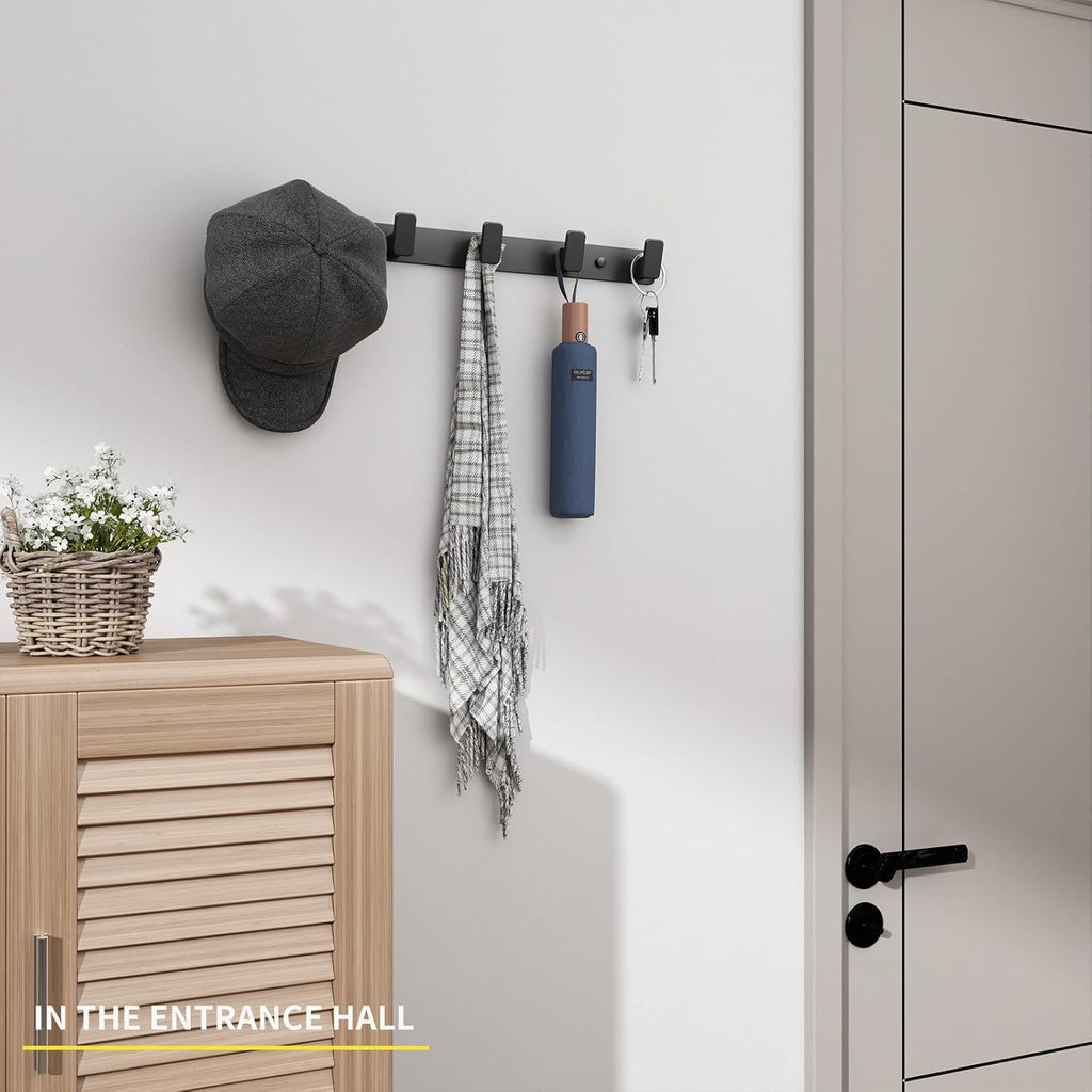 Black Coat Rack Wall Hooks for Hanging Heavy Duty Door Hooks with 5 Hooks Key Holder for Wall Hat Rack for Entrance Coat Hook
