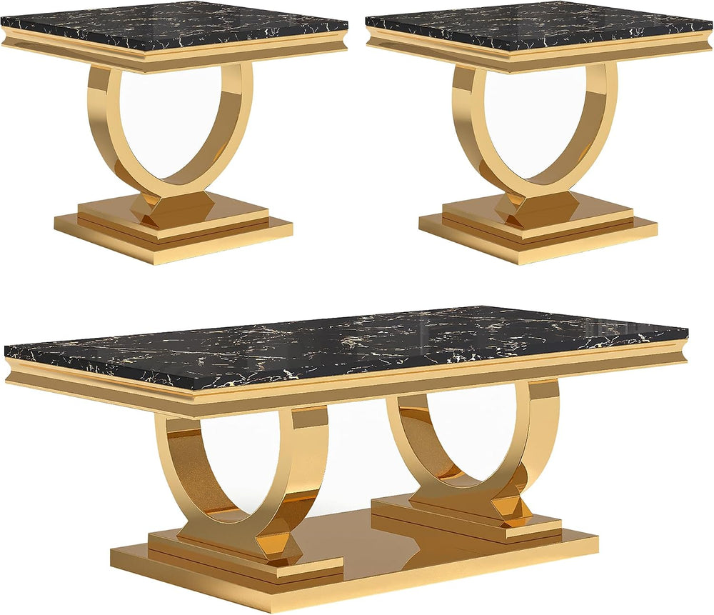 Marble Coffee Table Set of 3, Includes 1 Coffee Table with 2 Square End Side ...