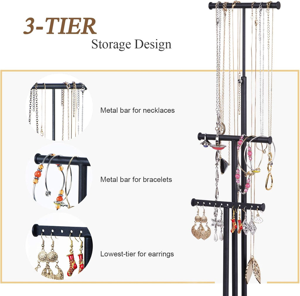 Love-KANKEI Jewelry Organizer Stand Metal & Wood Base and Large Storage Necklaces Bracelets Earrings Holder Organizer Gift Black and Weathered Grey