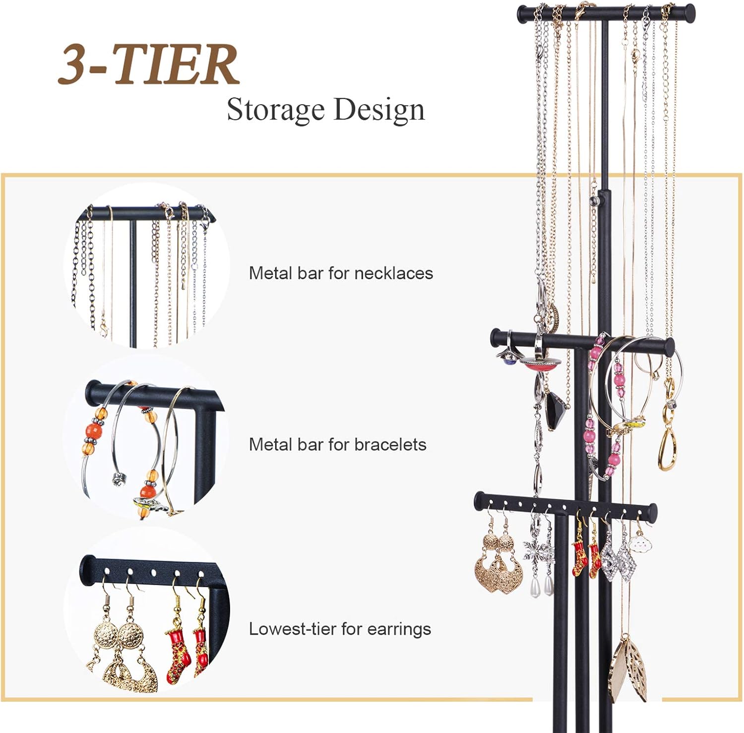 Love-KANKEI Jewelry Organizer Stand Metal & Wood Base and Large Storage Necklaces Bracelets Earrings Holder Organizer Gift Black and Weathered Grey