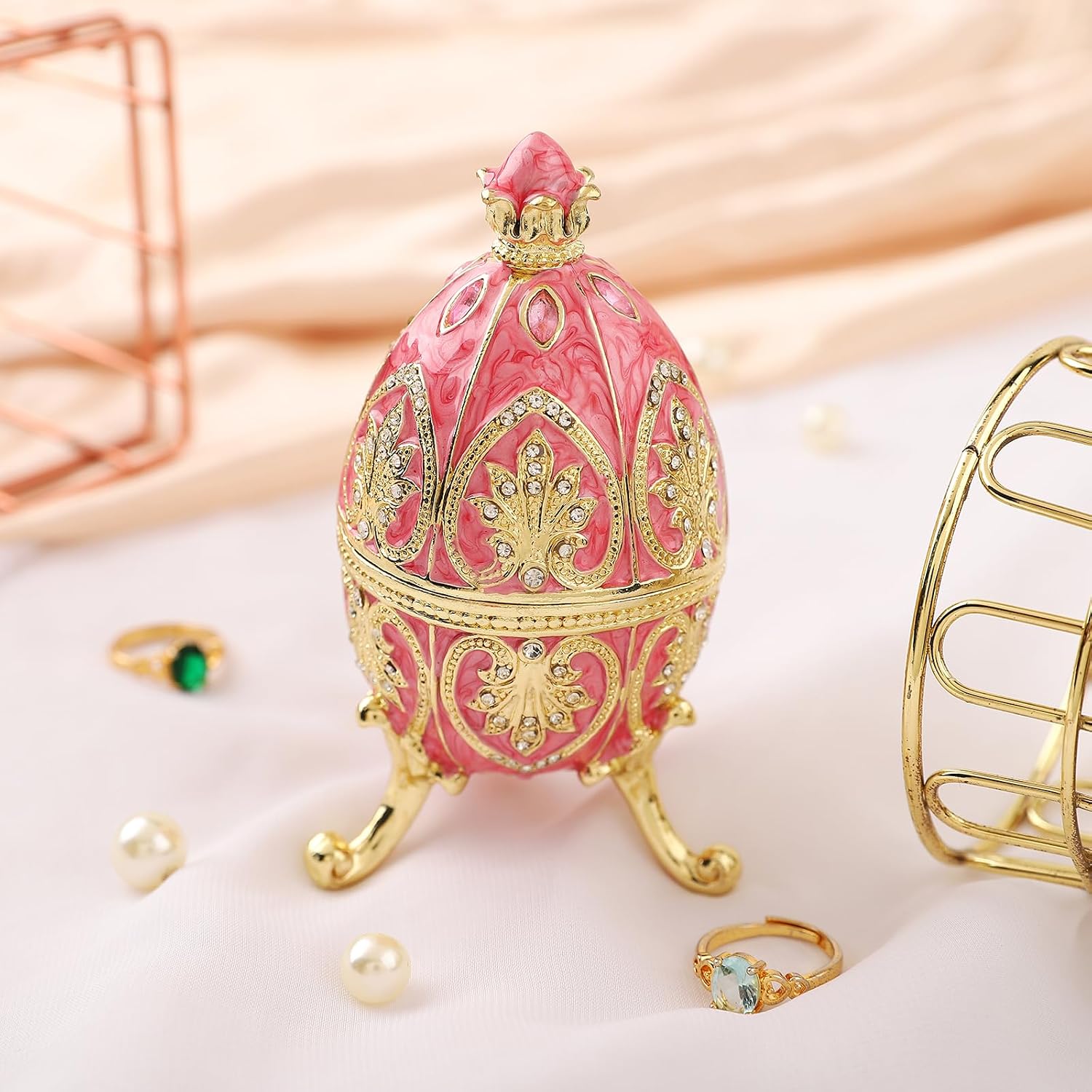 QIFU Hand Painted Pink Easter Egg Style Enamel Trinket Box, Unique Jewelry Box to Store Your Jewelry in Style