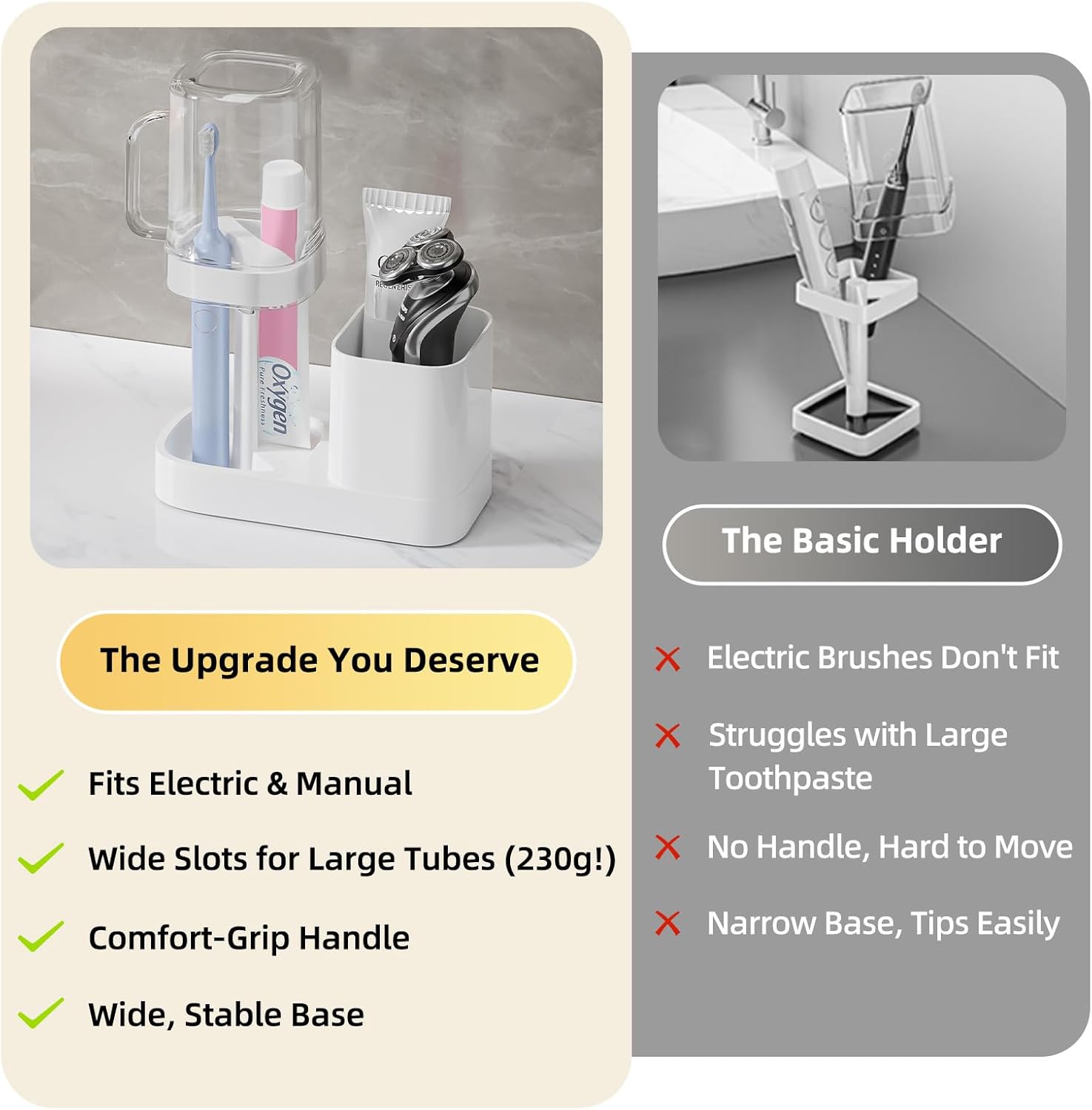Toothbrush Holder with Cup/Cover Contains 2 Slots, Bathroom Counter Organizer for Electric Toothbrush, Toothpaste, Razors & Small Comb, Tooth Paste Holder for Home Hotel Countertop, White
