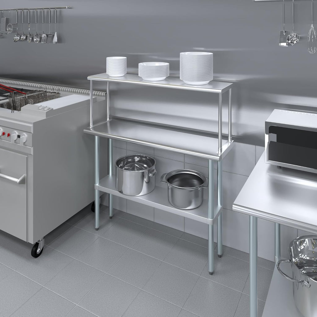 Stainless Steel Work Table with Wide Single Tier Overshelf | Metal Kitchen Prep Table & Shelving Combo (14" x 48" Work Table + 12" Overshelf)