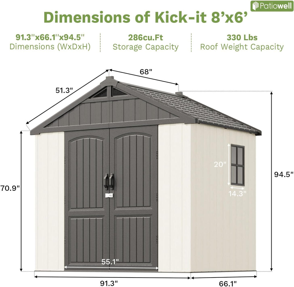 Patiowell 8 x 6 FT Resin Outdoor Storage Shed with Floor, Large Shed with Light and Lockable Door for Garden, Backyard, Tool Storage Use, Easy to Install in Beige (Kick-it Shed)