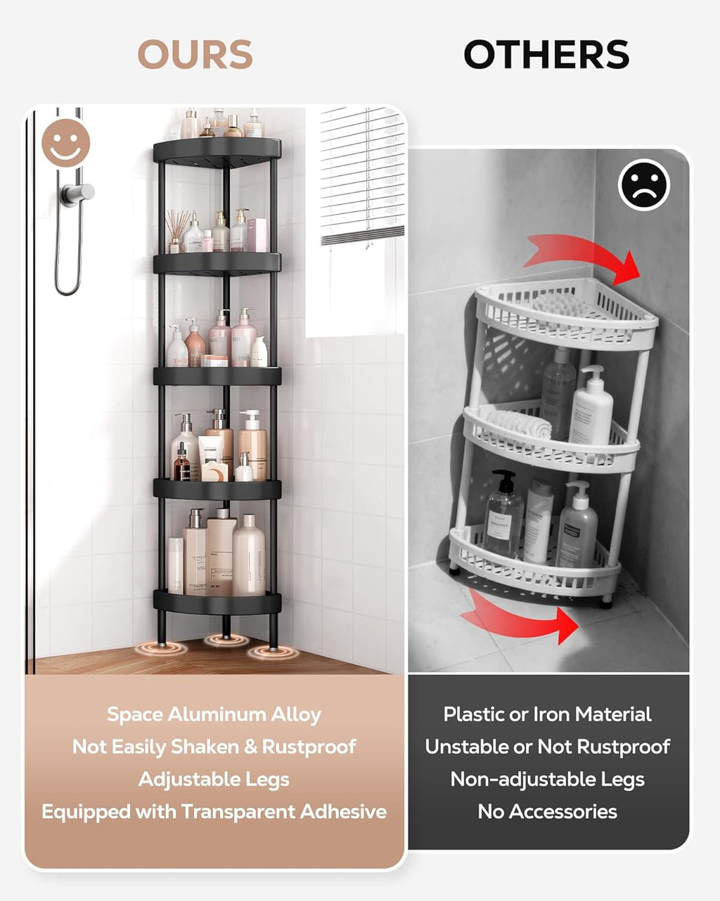 Nieifi Corner Shower Caddy Stand-5 Tier Rustproof Anodized Aluminum Standing Shower Organizer-Shower Caddy Corner-Dual Stability to Anti-Shaking-Height-Adjustable Legs for Uneven Surfaces-Black