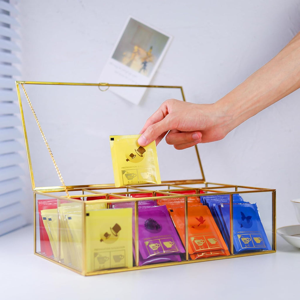 Glass Tea Bag Organizer with 8 Compartments, Handmade Large Tea Bag Storage Box for Counter Kitchen, Tea Bag Holder,Tea Storage Containers with Lid,Tea Accessories Gifts for Tea Drinkers,Gold