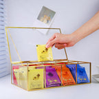 Glass Tea Bag Organizer with 8 Compartments, Handmade Large Tea Bag Storage Box for Counter Kitchen, Tea Bag Holder,Tea Storage Containers with Lid,Tea Accessories Gifts for Tea Drinkers,Gold