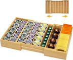 MinBoo Bamboo K Cup Holder for Drawer or Countertop Coffee Pod Holder Expandable K Cup Pod Storage Tea bag organizer K Cup Storage for Coffee Station Home Office and Kitchen