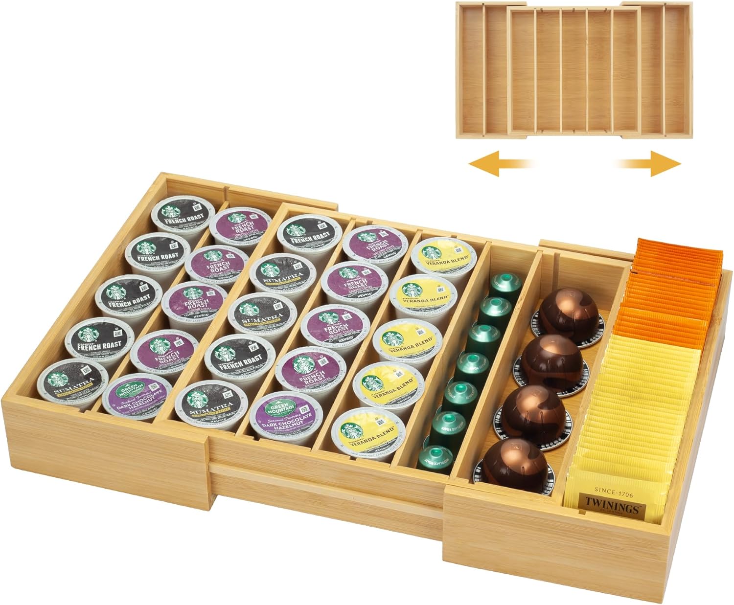 MinBoo Bamboo K Cup Holder for Drawer or Countertop Coffee Pod Holder Expandable K Cup Pod Storage Tea bag organizer K Cup Storage for Coffee Station Home Office and Kitchen