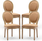 Linen Upholstered Dining Chairs Set of 4 French Country Oval Fabric Back Kitchen Side Chair with Wood Legs for Dining Room, Kitchen, Restaurant(Tan-Fabric)