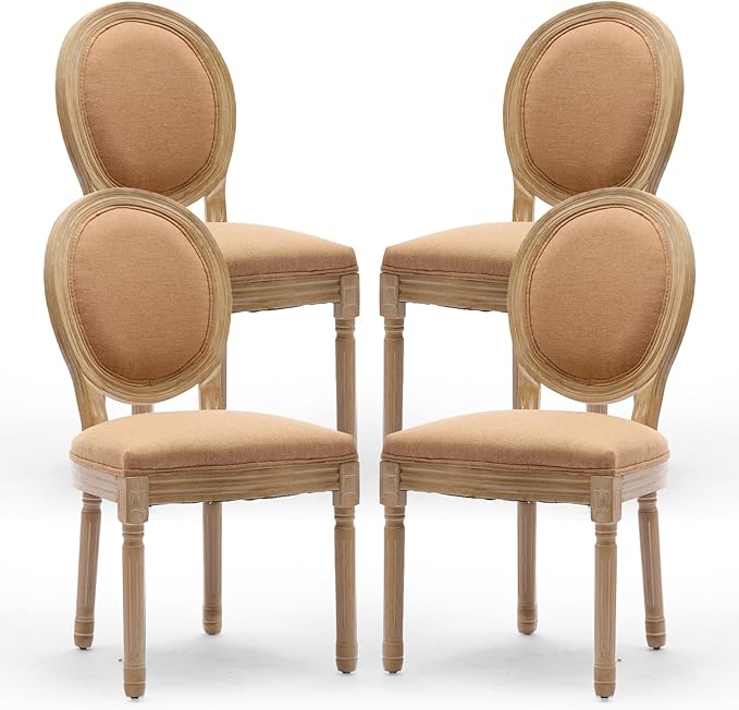 Linen Upholstered Dining Chairs Set of 4 French Country Oval Fabric Back Kitchen Side Chair with Wood Legs for Dining Room, Kitchen, Restaurant(Tan-Fabric)