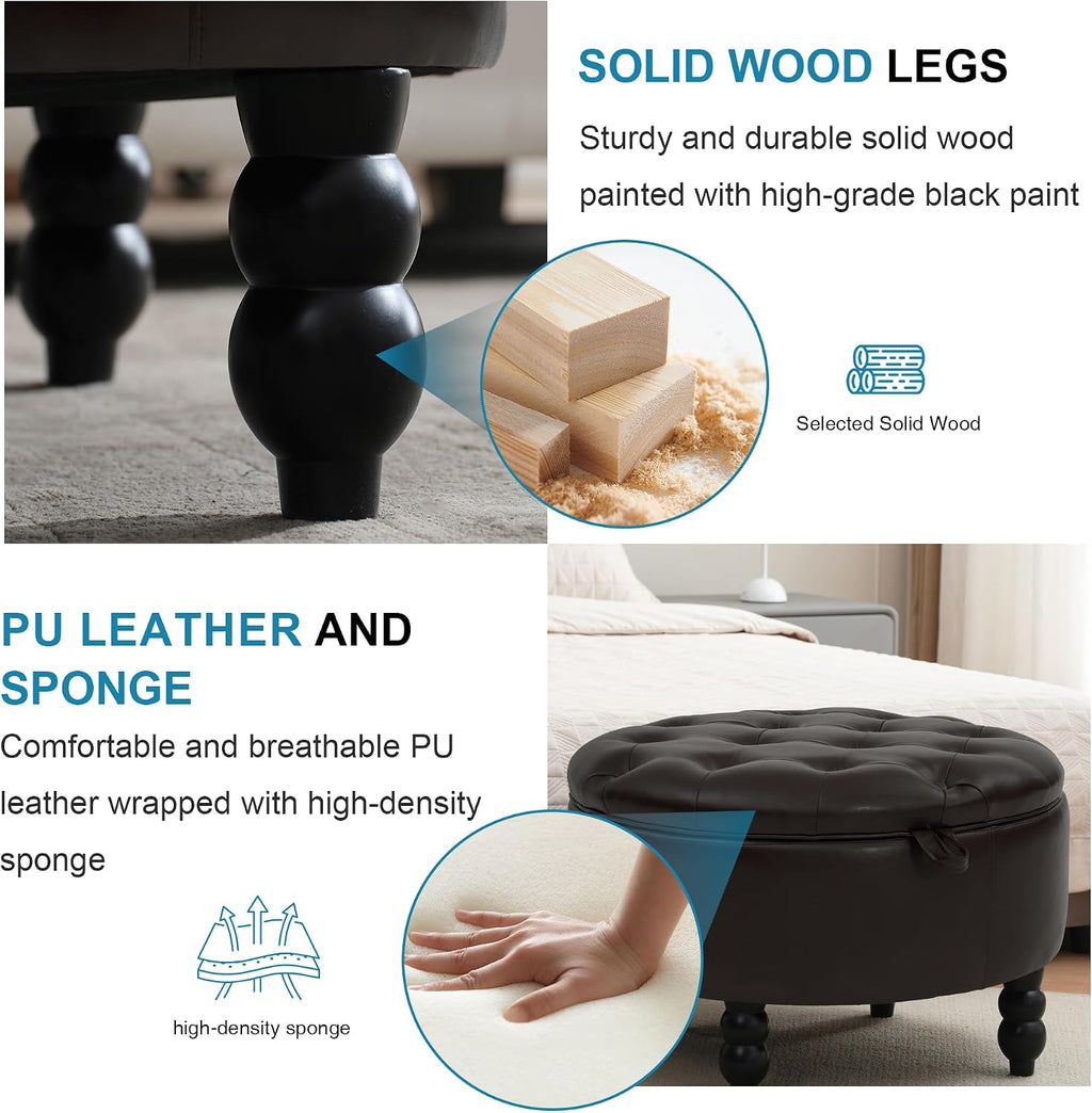 30 Inch Round Ottoman with Storage, Tufted PU Leather Storage Bench for Bedroom, Living Room & Entryway, Modern Upholstered Coffee Table with Wooden Black Legs, Dark Brown(PU)