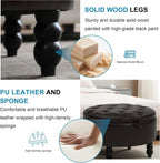 30 Inch Round Ottoman with Storage, Tufted PU Leather Storage Bench for Bedroom, Living Room & Entryway, Modern Upholstered Coffee Table with Wooden Black Legs, Dark Brown(PU)