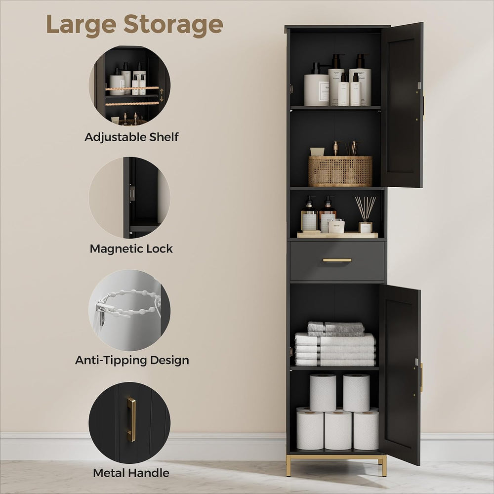 67" H Bathroom Storage Cabinet, Tall Bathroom Cabinet, Black